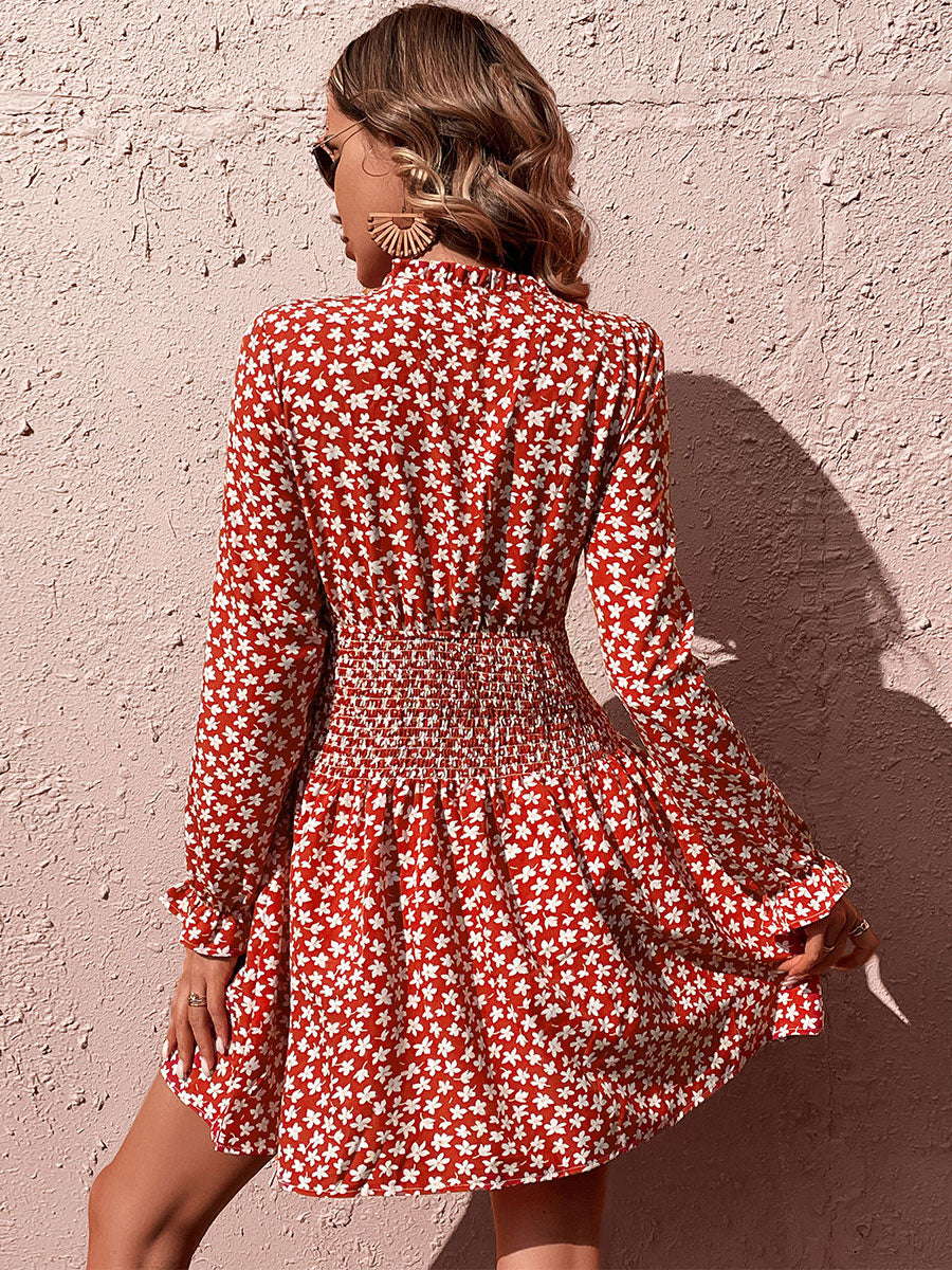 Mini Dresses Burgundy Floral Print Long Sleeves Short Dress