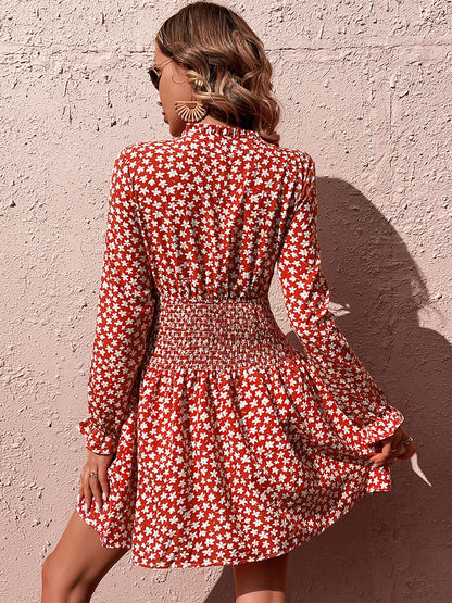 Mini Dresses Burgundy Floral Print Long Sleeves Short Dress