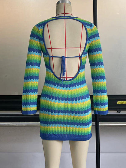 Long Sleeves Skinny Backless Contrast Color Tied Round-Neck Mini Dresses Sweater Dresses