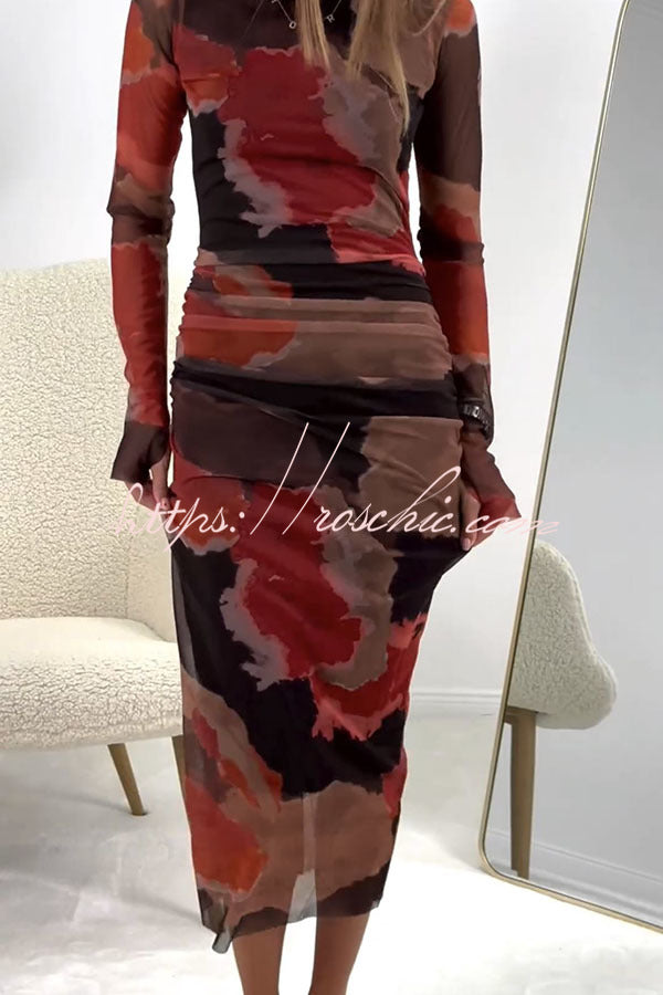 The Budapest Mesh Splash Ink Tie Dye Print Ruched Midi Dress
