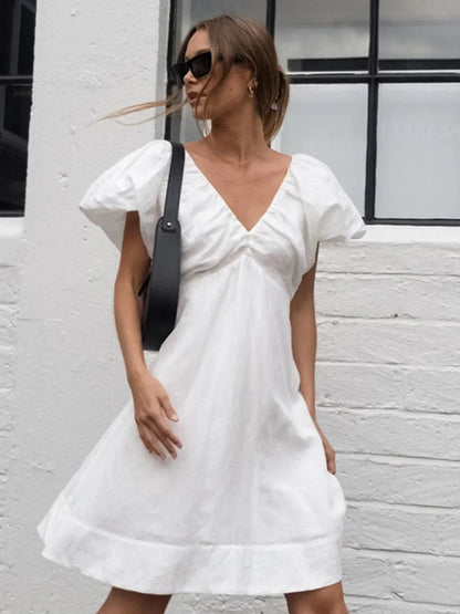 Cotton V-Neck Puff Sleeves Backless Dress