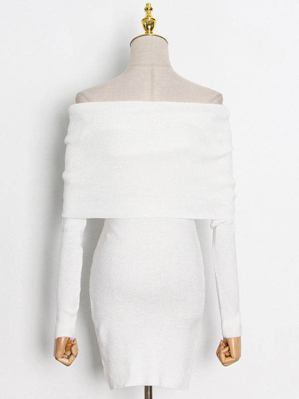 White Bodycon Dress Foldover Long Sleeves Twisted-Front Pencil Mini Dresses