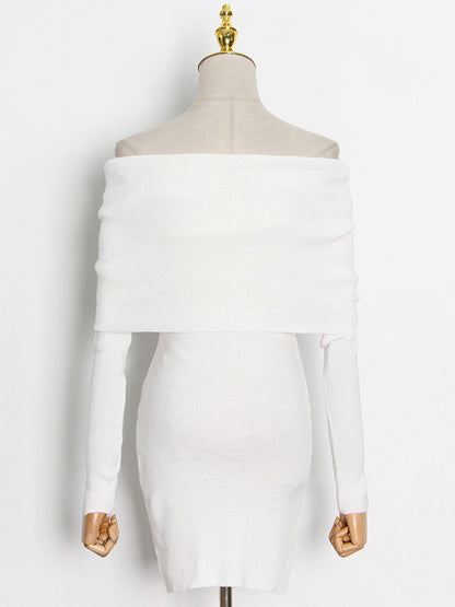 White Bodycon Dress Foldover Long Sleeves Twisted-Front Pencil Mini Dresses