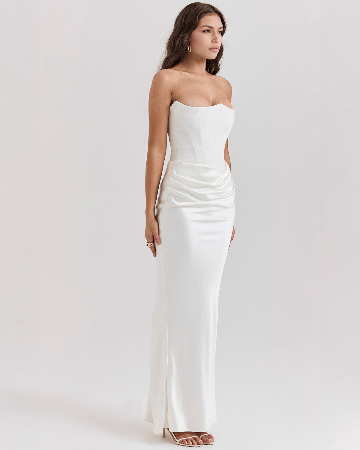 Strapless Pointed Sweetheart Corset Bodice Draped Hip Column Maxi Gown