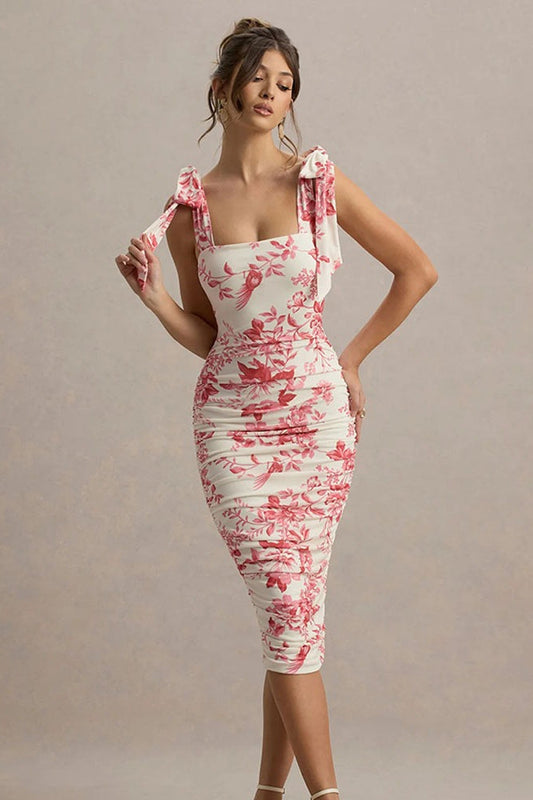 Vintage Print Ruched Midi Dress