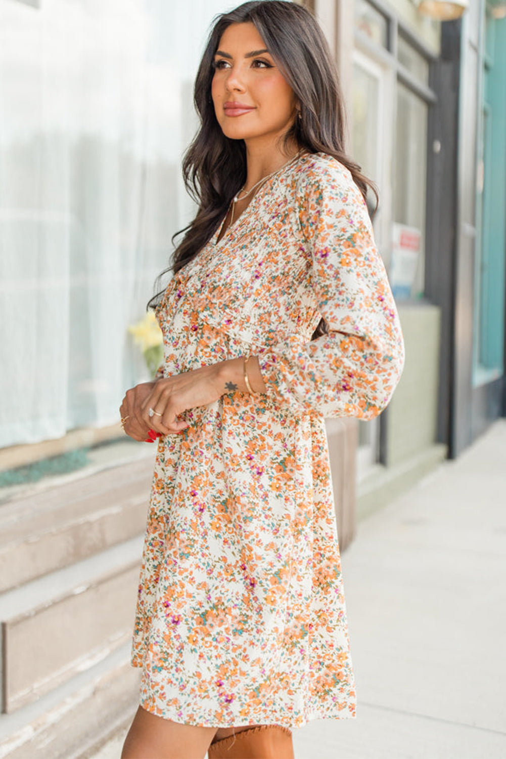 Ditsy Floral Print Surplice V-Neck Balloon Sleeve Empire Waist Mini Dress