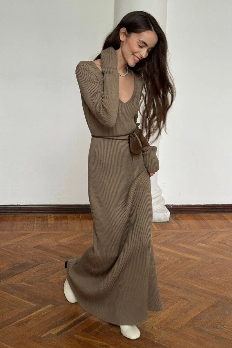 Rib Knit Deep V-Neck Long Sleeve Belted Maxi Dress