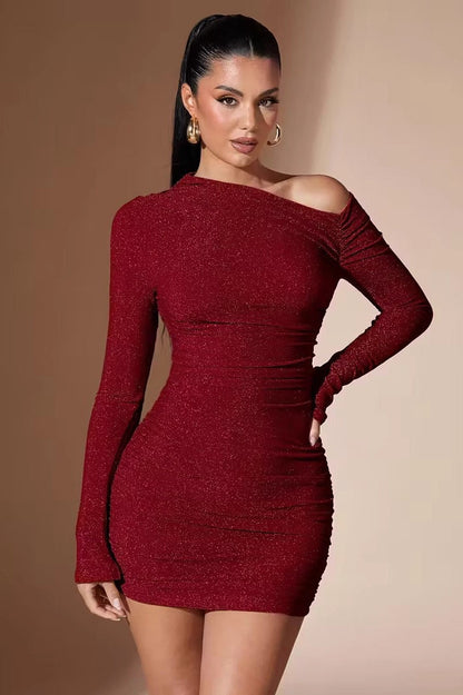 Asymmetric Neckline Long Sleeve Ruched Glitter Bodycon Mini Dress