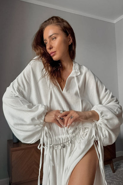| Cotton Cutout Tie Waist Long Sleeve Maxi Dress