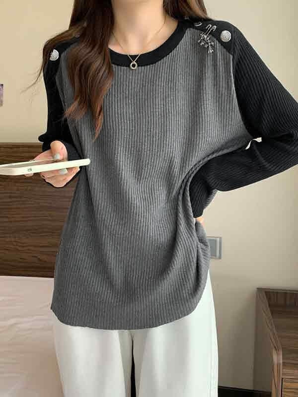 Contrast Color Splice Metal Decor Long Sleeve Knit