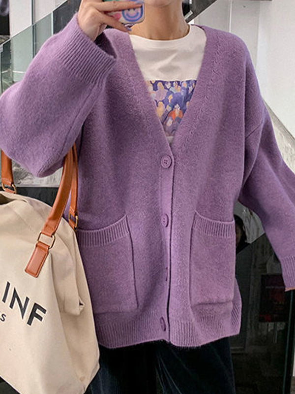 Solid V Neck Breasted Knit Cardigan