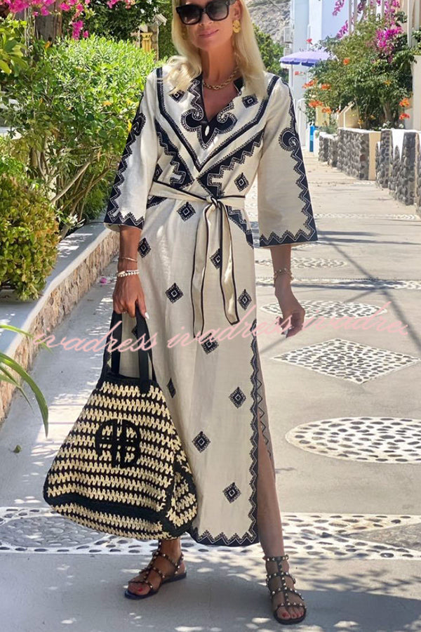 Quiet Atmosphere Linen Blend Ethnic Print Belted Midi Dress