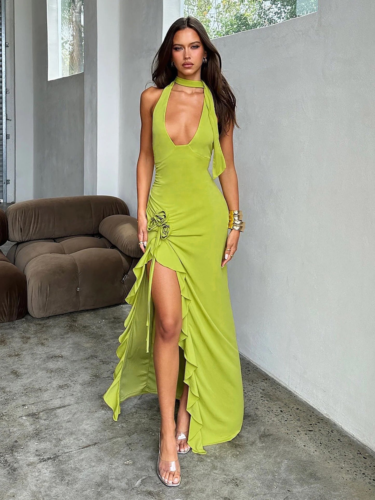 Pink Halter Dress Halter 3D Flower Ruffles Split Backless Party Midi Dresses