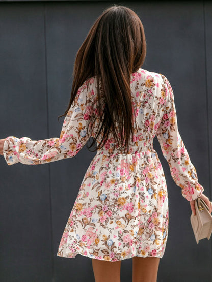 Mini Dresses Pink Floral Print Long Sleeves Short Dress