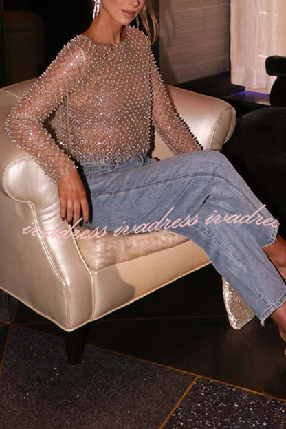 Champagne Kiss Sparkling Pearls Long Sleeve Loose Sheer Top
