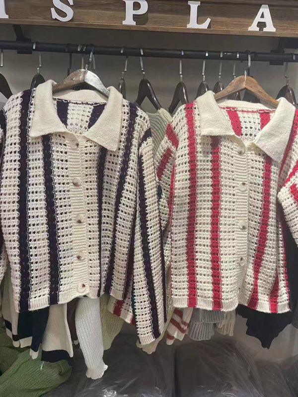Cutout Striped Baggy Cardigan