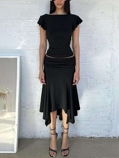 Tossy Women’s Solid Elegant Irregular 2 Piece Set Ruffle Short Sleeve Low Waist Folds Midi Dress Slim Beach Party Outfits Femme