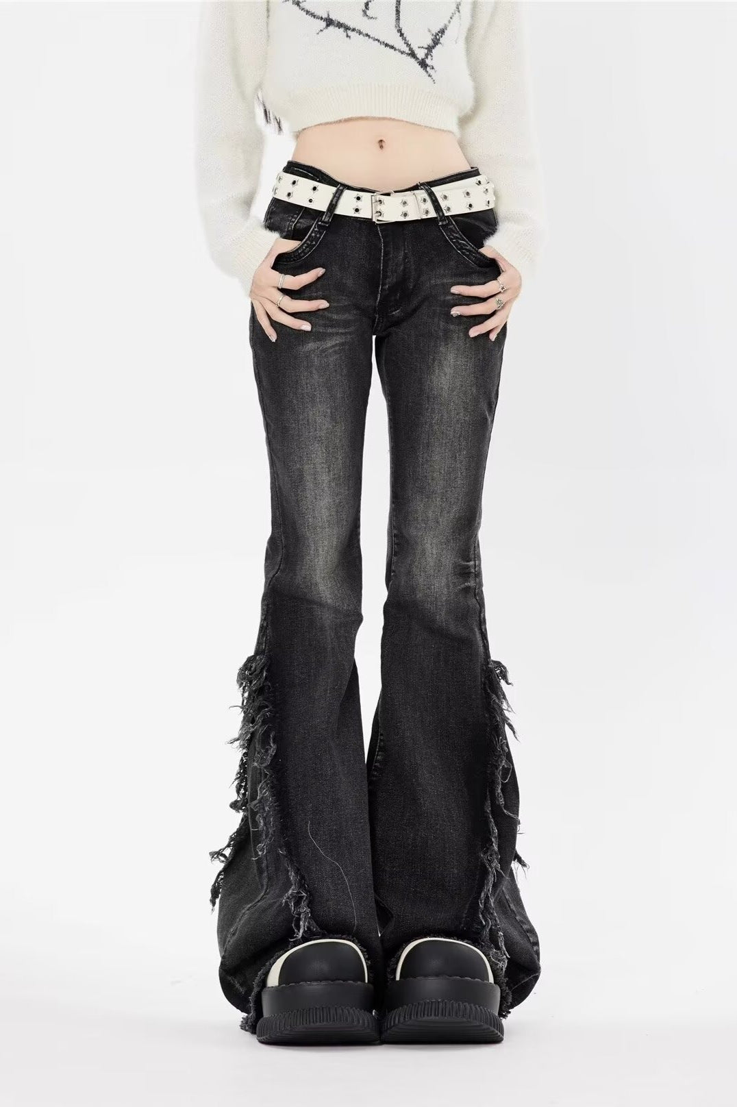 Black Low Rise Frayed Hem Long Flare Jeans