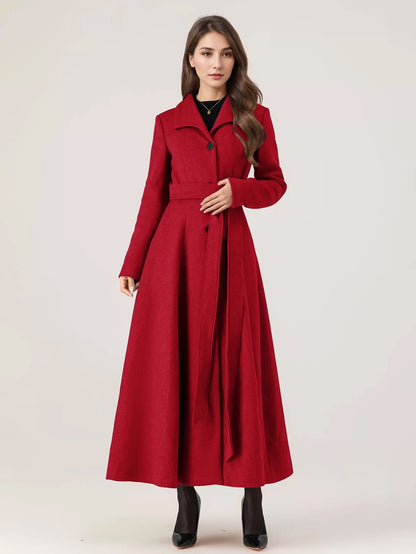 Long Woolen Flared Coat Gray Belted Winter Full Length Outerwear For Women 2026