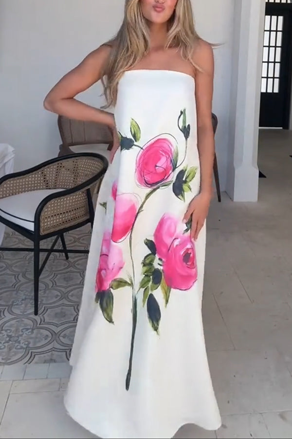 Garden Wedding Painted Roses Print Strapless A-line Maxi Dress