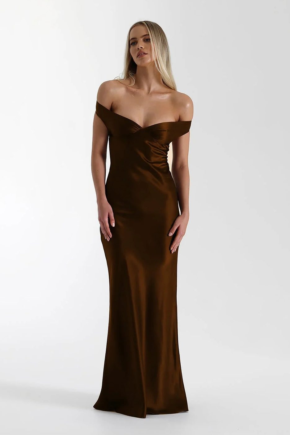 | Satin Mermaid Off Shoulder Maxi Dress