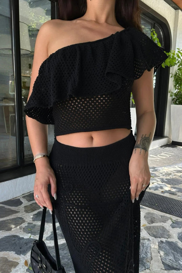 Solid Color One-shoulder Ruffled Openwork Top and Elastic Waist Holiday Knit Maxi Skirt Cover-up Set
