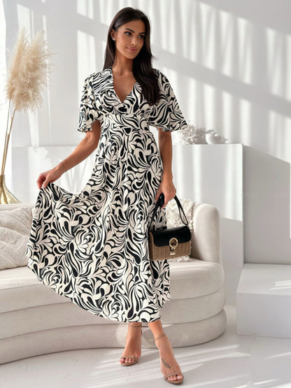 Summer Casual Dress Printed Short Sleeves V-Neck A-Line Midi Dresses