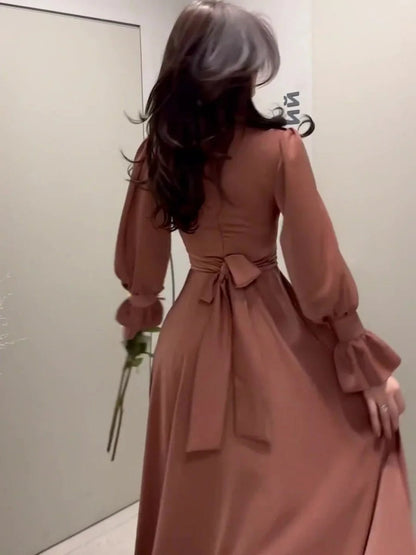 Satin Mock Neck Puff Sleeve Button Cuff Tie Waist Maxi Dress