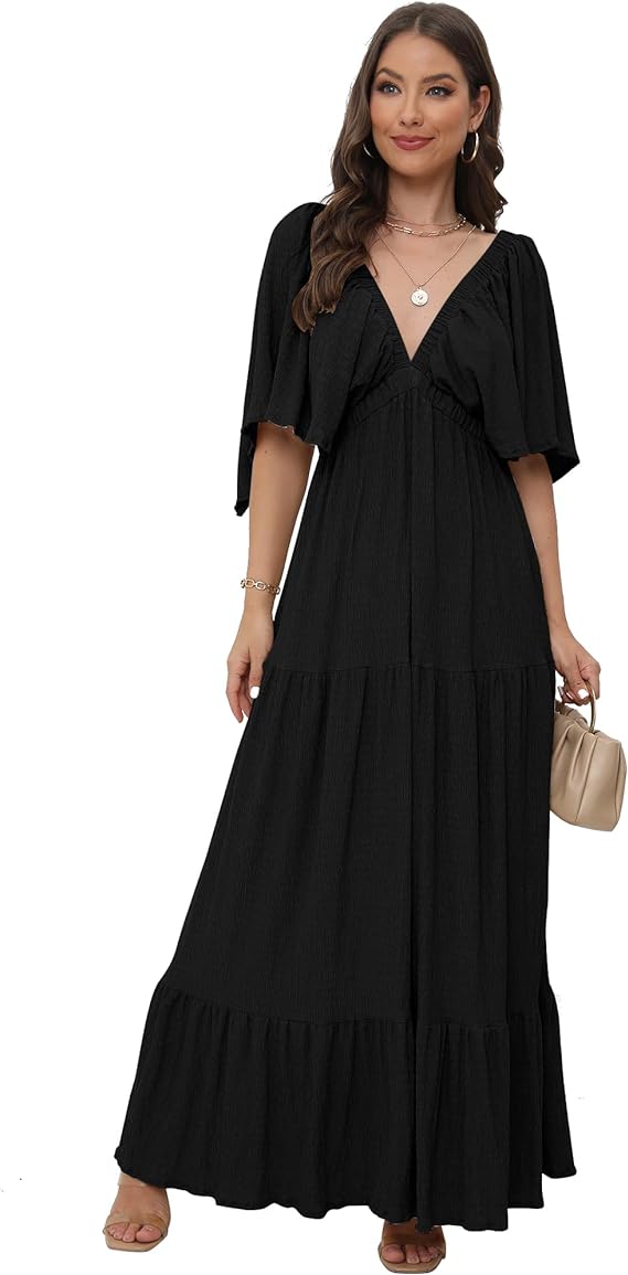 Tiered Silhouette with Flutter Sleeves Maxi Dress