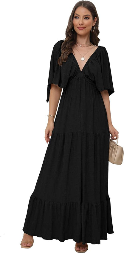 Tiered Silhouette with Flutter Sleeves Maxi Dress