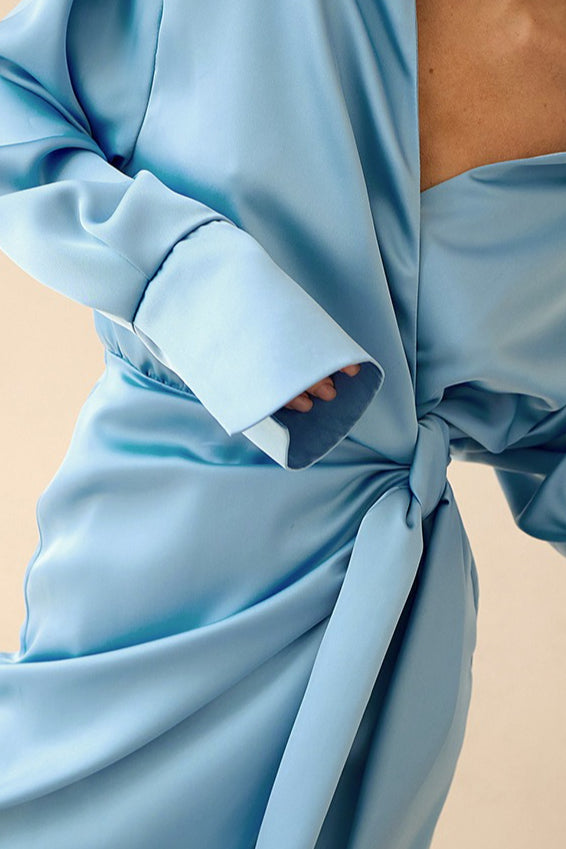 Collared Wrap Tie Waist Padded Shoulder Wide Cuff Satin Mini Dress