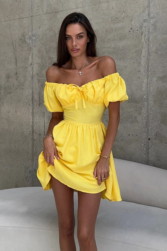 Off Shoulder Puff Sleeve Drawstring Tie Ruched Bodice Fit and Flare Mini Dress