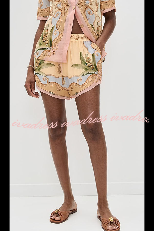 Royalty Unique Print Button Up Short Sleeve Shirt and Elastic Waist Pocketed Loose Shorts Set