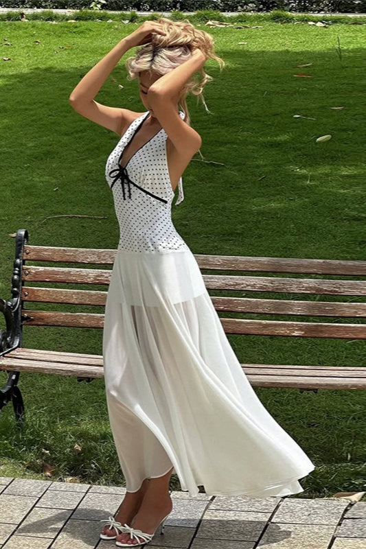 Polka Dot Halter Plunge Bow-Accent Contrast Waist Chiffon Maxi Dress