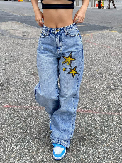 Basic Wash Print Straight Leg Boyfriend Jeans