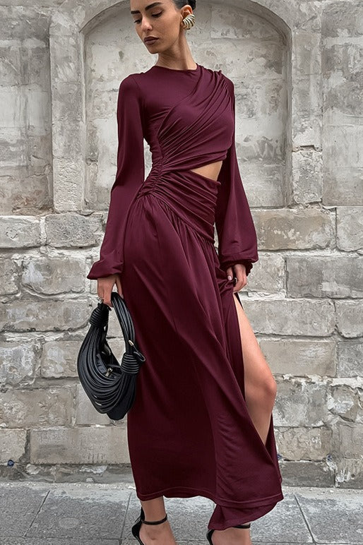 Crew Neck Bishop Sleeve Midriff Cutout Ruched Drape High Slit Maxi Gown