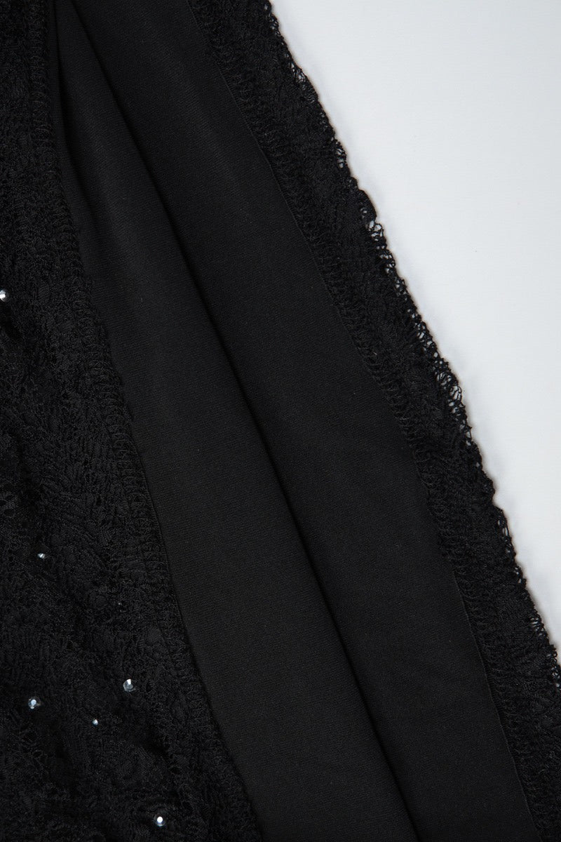 Rhinestone Embellished Mock Neck Lace Long Sleeve Bodycon Mini Dress