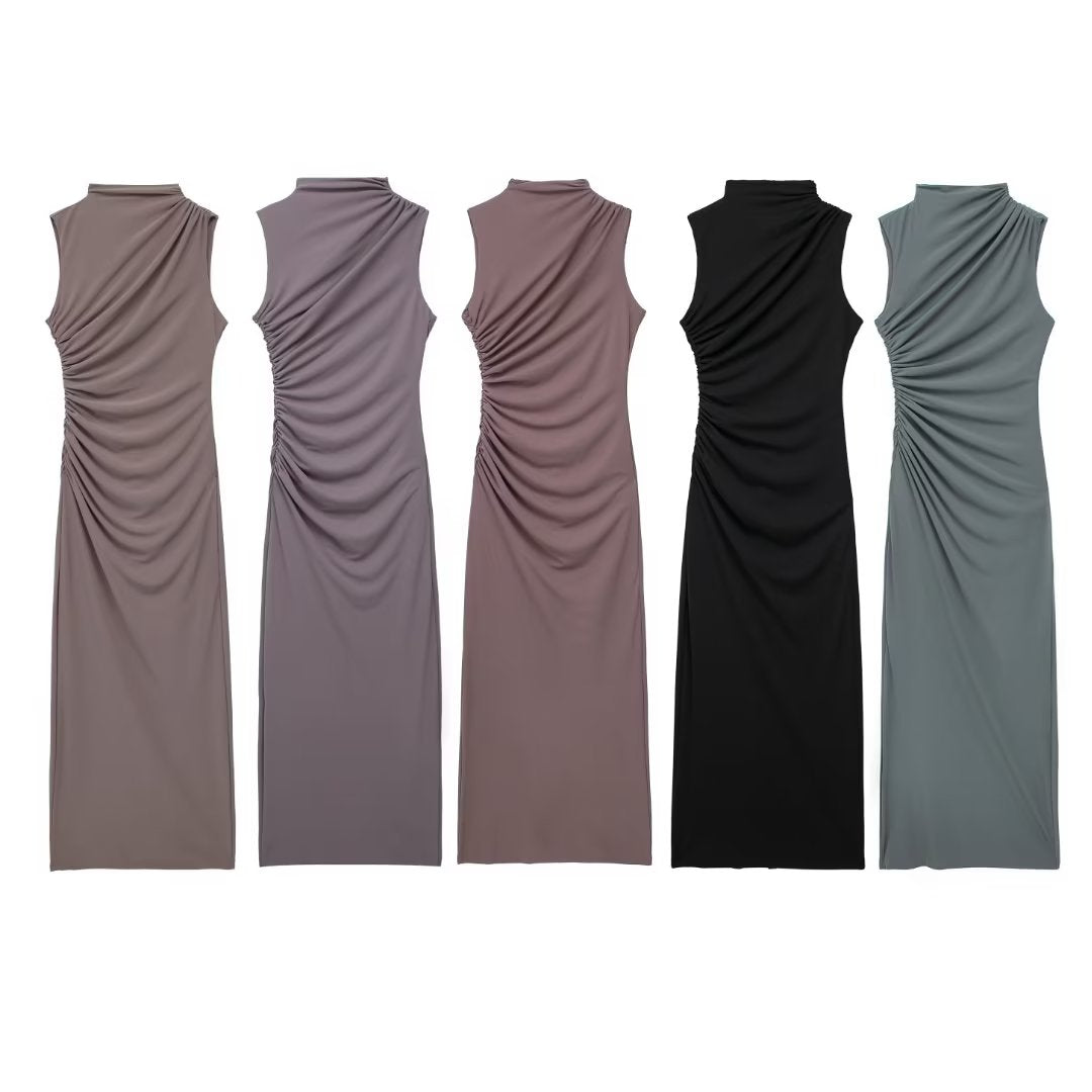 Women Clothing Stand Collar Sleeveless Straight Slim Pleated Decoration Midi Dress
