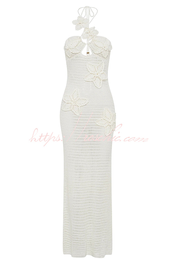 Call It Chic Knit Floral Crochet Halter Fishtail Hem Maxi Dress