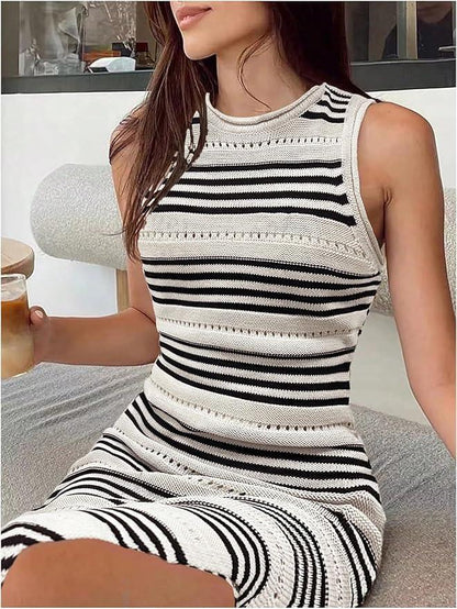 Striped Crochet Knit High Slit Midi Sundress for Women