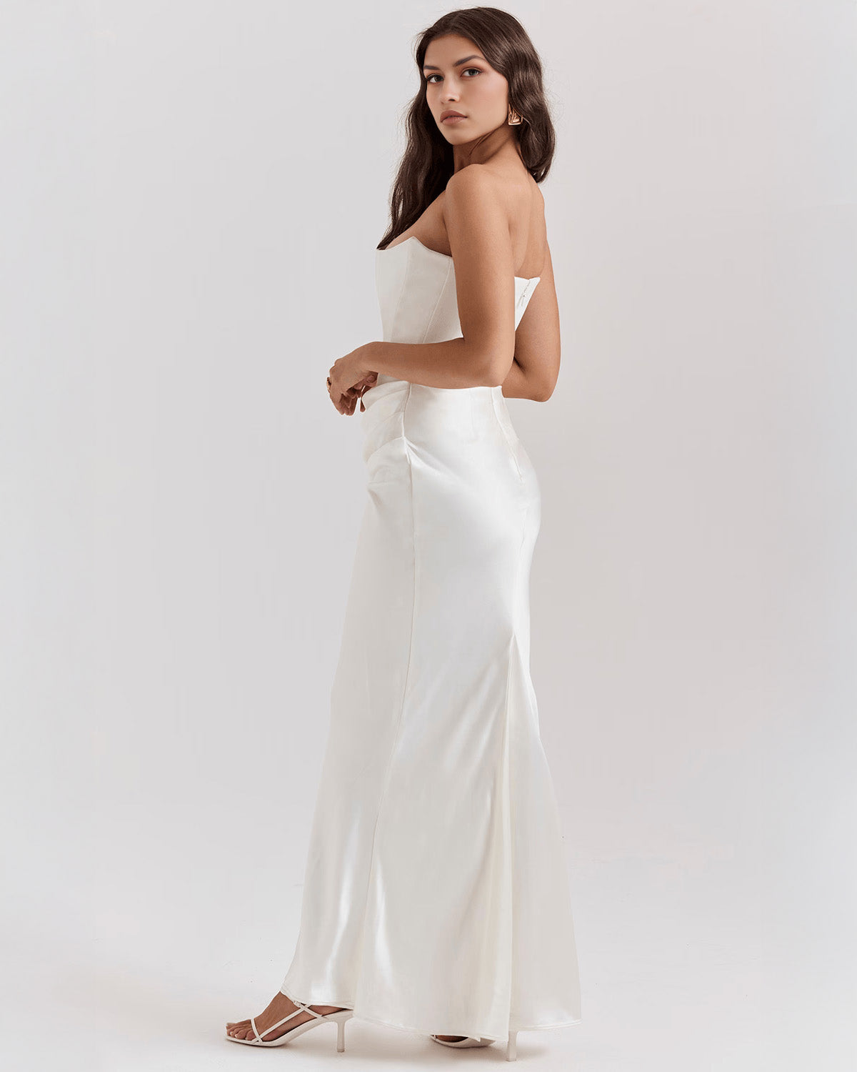 Strapless Pointed Sweetheart Corset Bodice Draped Hip Column Maxi Gown