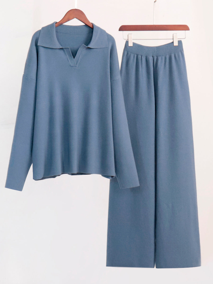 Knit Pant Set Drop Shoulder Pullover And Wide Leg Trousers For Women