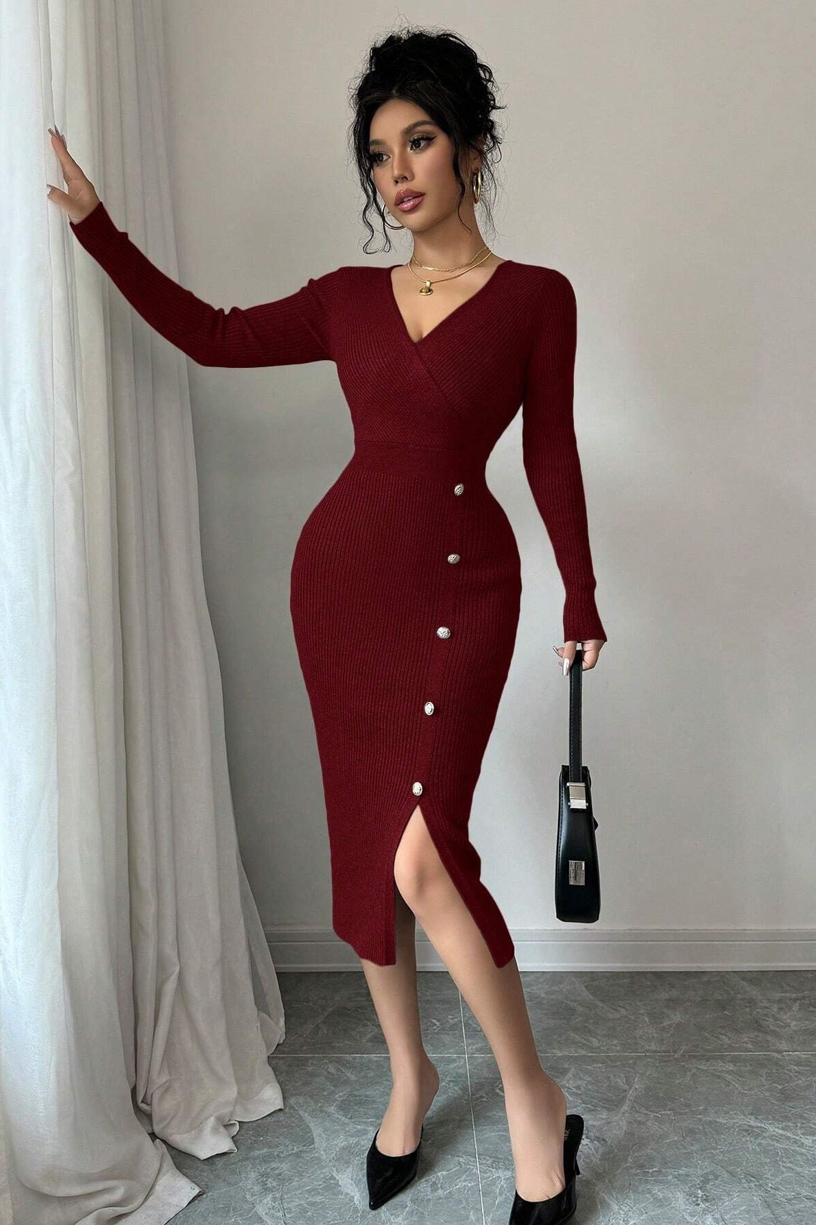 Wrap V-Neck Rib Knit Button Side Slit Long Sleeve Midi Sweater Dress