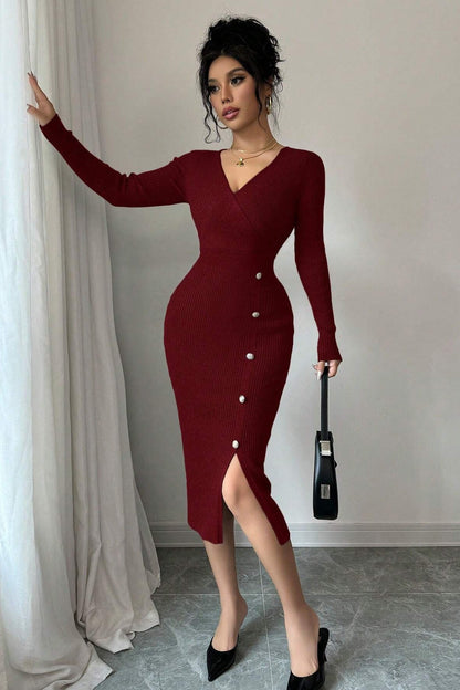 Wrap V-Neck Rib Knit Button Side Slit Long Sleeve Midi Sweater Dress