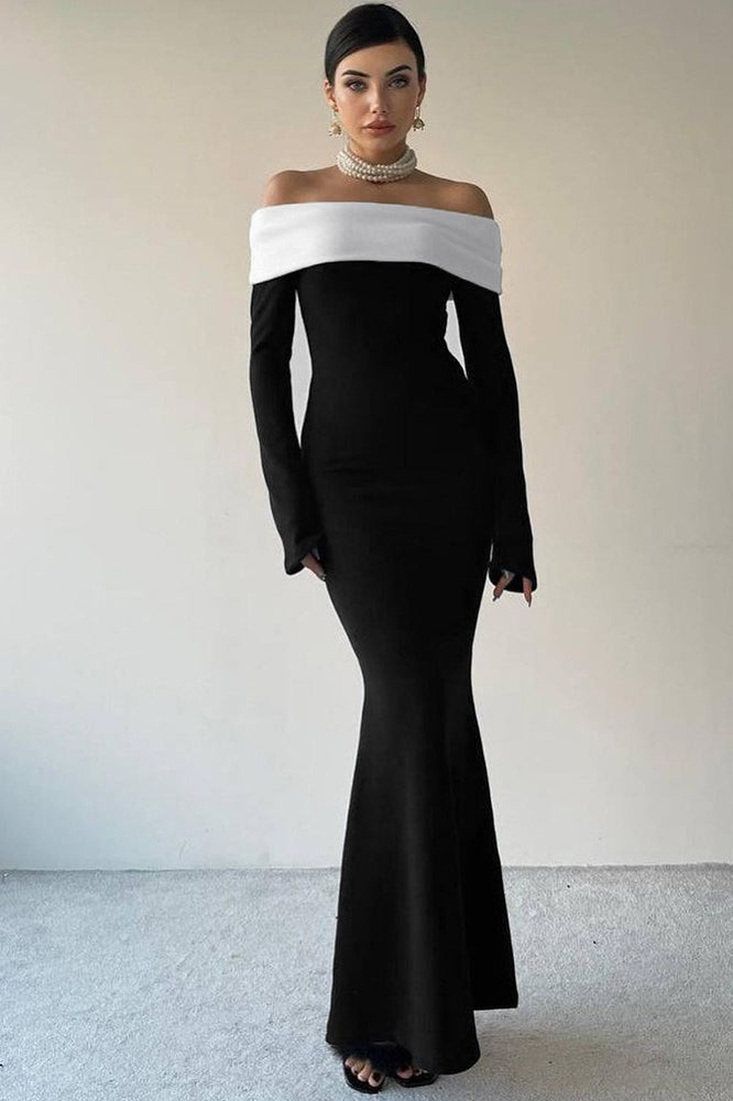 | Colorblock Off Shoulder Maxi Dress