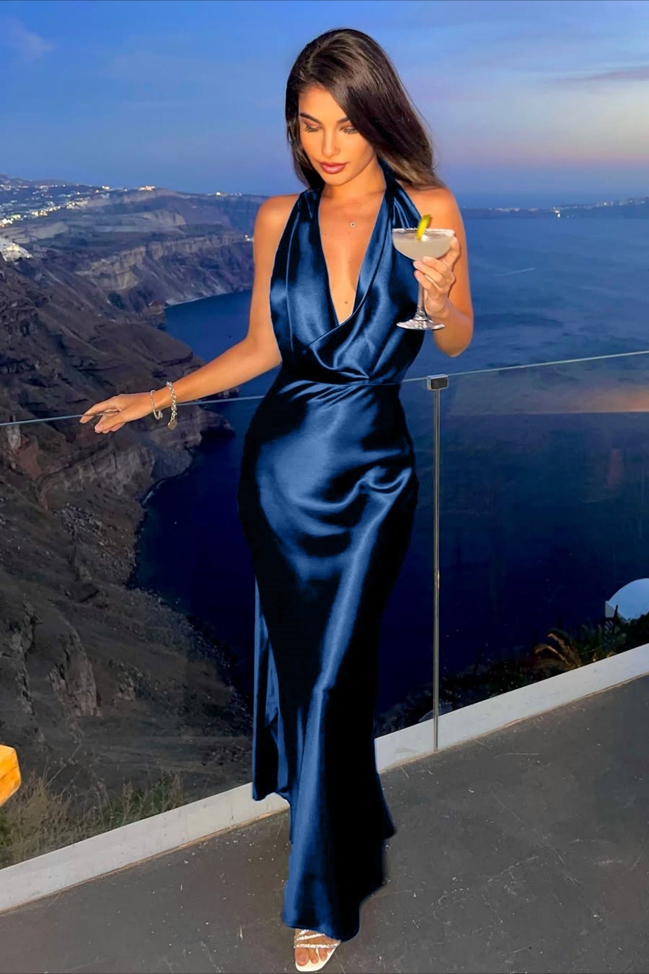 | Halter Cowl Neck Backless Maxi Dress