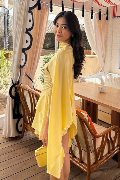 Solid Satin Shawl Cami Ruffle Mini Dress