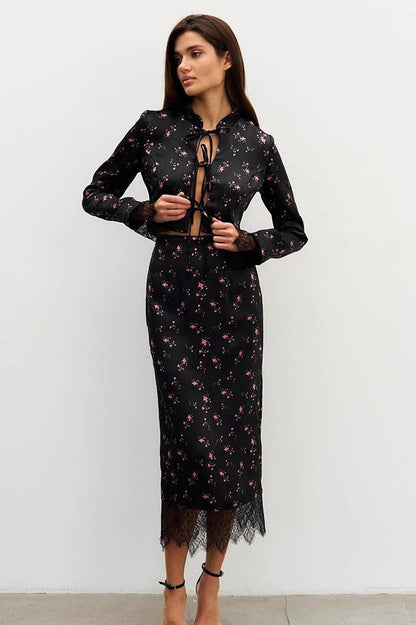 Button Front Floral Long Sleeve Blouse Skirt Set