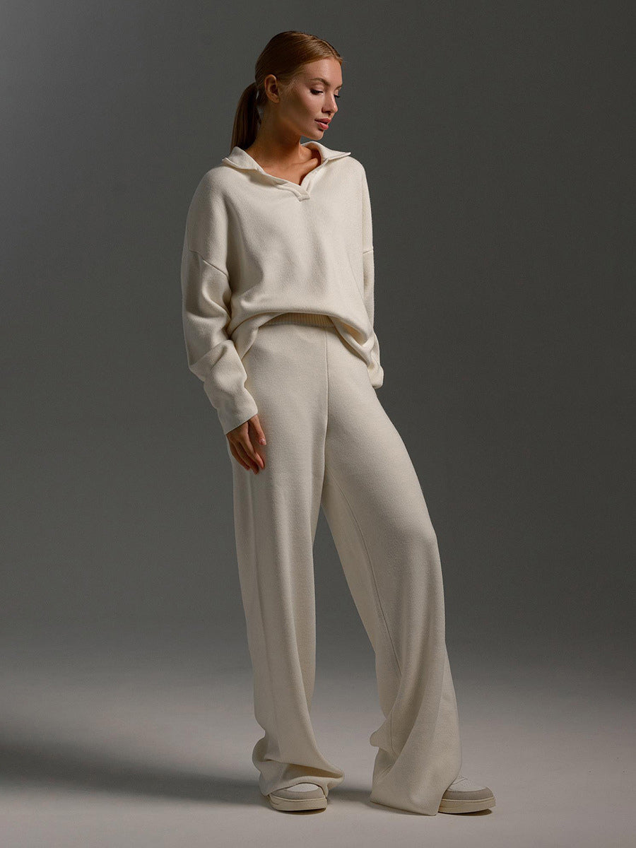Knit Pant Set Drop Shoulder Pullover And Wide Leg Trousers For Women