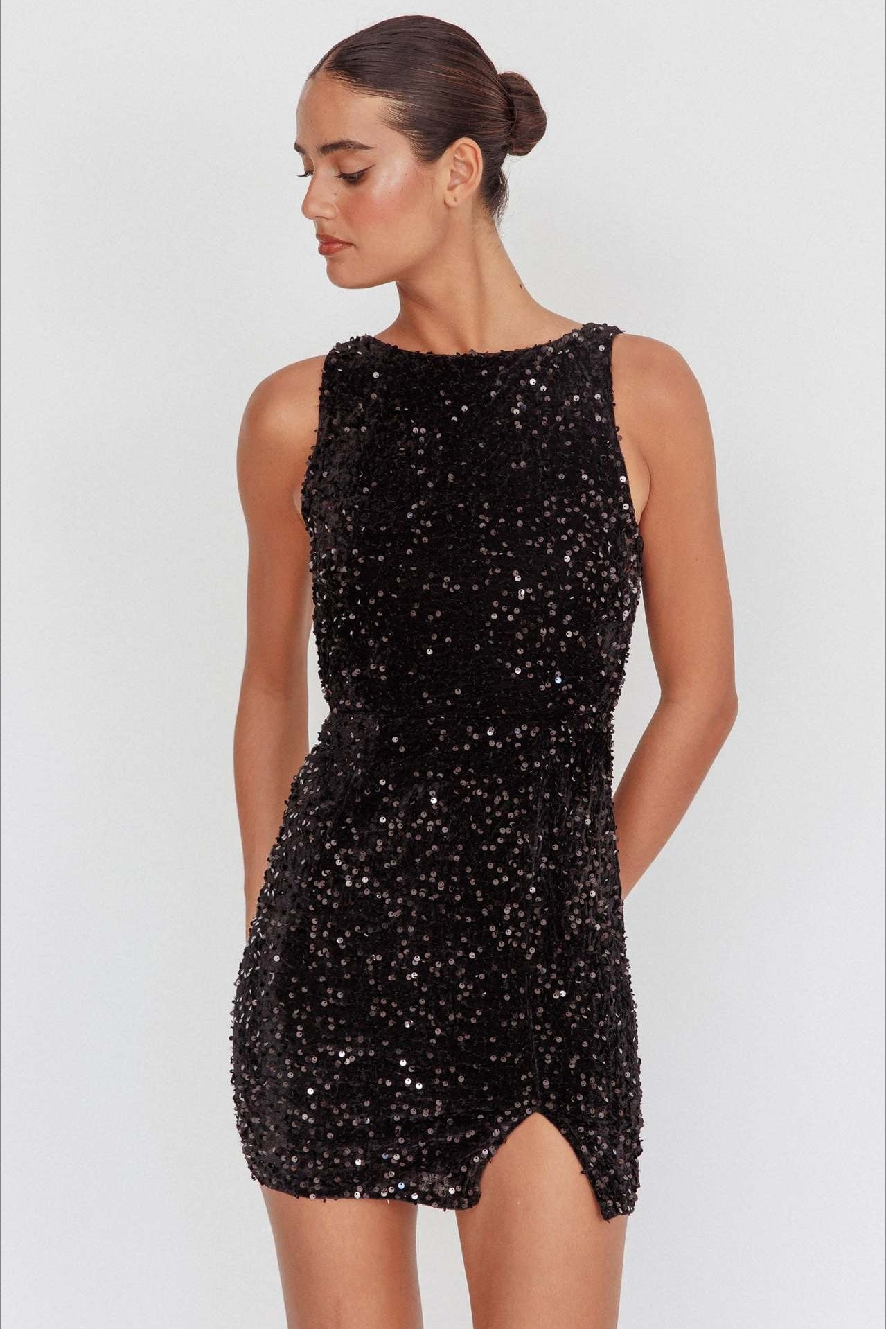 Boat Neck Sleeveless Sequin Side Slit Bodycon Mini Dress